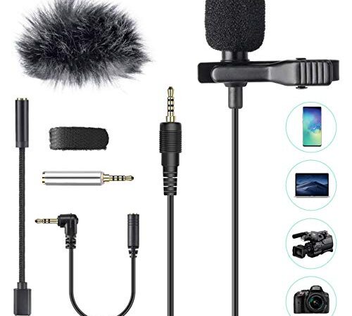 AGPTEK Micrófono de Solapa con Parabrisas, Z02C Lavalier Micrófono Omnidireccional con 3 Adaptadores, 2M Cable para Smartphones, PC, Videocámaras, Negro