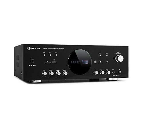 Auna AMP-218 BT 5.1 - Amplificador de Karaoke Digital Surround, Potencia 2 x 120 W + 3 x 50 W RMS, Amplificador Bluetooth, sintonizador de Radio FM y conexión de Antena, Ranuras USB/SD, Color: Negro