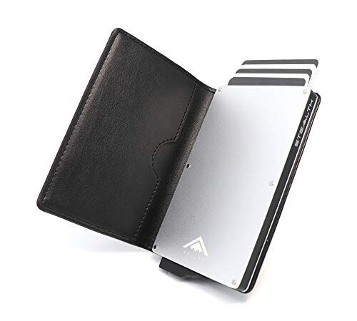 STEALTH Wallet - Cartera Delgada, Ligera y Minimalista con Tarjetero de Credito - Carteras Emergentes Seguras con Tarjeteros con Bloqueo RFID / NFC y Caja de Regalo (Aluminio Plata con Cuero Negro)