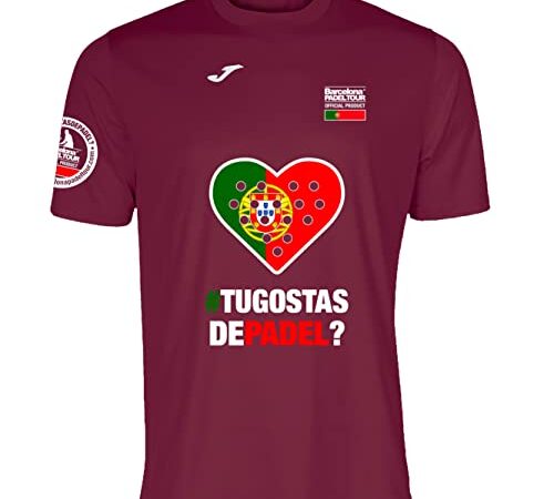 Barcelona Padel Tour - Camiseta Técnica de Manga Corta para Hombre Joma - En Tejido Micro Mesh Transpirable con Corazón Love Pádel y Bandera Portugal - Burdeos L