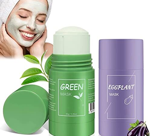 Green Stick Mask, Green Tea Cleansing Mask, Mascarilla Limpiadora Facial, Mascarilla Purificadora de Té Verde y Berenjena para limpieza del acné,Hidratar Piel Control de Aceite Anti Acné(2 Sticks)