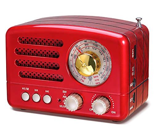 PRUNUS J-160 Am/FM/SW Radio Vintage, Radio Portatil Pequeña Bluetooth, Radio Retro con Reproductor USB/TF/AUX, Transistores Radio con Excelente Recepción, Radio Bateria Recargable de 1800mAh(Rojo)