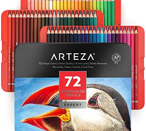 Arteza Lápices acuarelables profesionales, juego de 72, estuche de lápices de colores de dibujo artístico, tonos surtidos brillantes para colorear, mezclar y crear capas con técnicas de acuarela