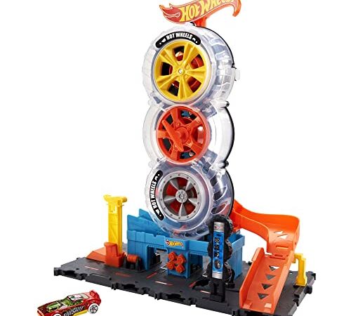 Hot Wheels City Super Twist Tire Shop - Taller con Rueda Gigante - Incluye Coche - Compatible con Conjuntos Hot Wheels - Regalo para Niños de 4-8 Años