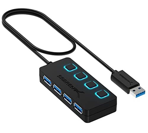 SABRENT Hub USB 3.0 , Adaptador USB, Divisor USB, extensión múltiple del hub USB 3 con interruptores ON/Off y Cable Largo, para PS4/PS5, PC, portátil, Memoria USB, Impresora, MacBook (HB-UM43)