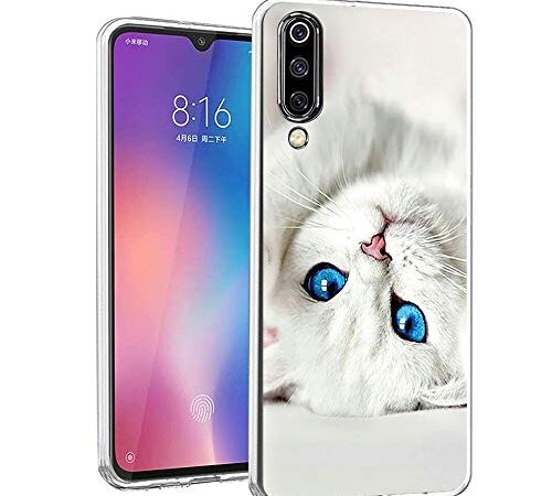 ZhuoFan Funda Xiaomi Mi 9 SE, Cárcasa Silicona Transparente con Dibujos Diseño Suave TPU Antigolpes de Protector Piel Case Cover Bumper Fundas para Movil Xiaomi Mi 9SE 2019, Gato de Ojos Azules