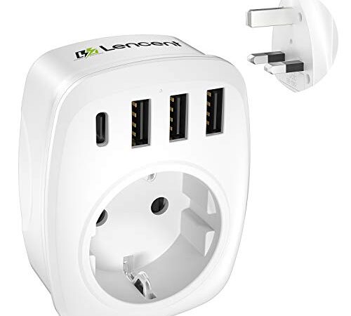 LENCENT Adaptador Enchufe UK, Adaptador de Viaje del Inglaterra [3 Puertos USB+1 Tipo C], Europa español 2-Pin a 3-Pin GB Gran Bretaña para Escocia, Irlanda, Gales, Maldivas, Gran Bretaña (Tipo G)