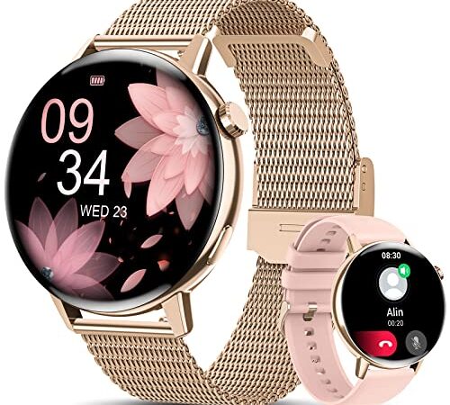 SWGOTA Smartwatch Mujer Llamadas Bluetooth 5.1, Reloj Inteligente Mujer 1.32" Pulsómetro/SpO2/Monitor Sueño/Seguimiento Menstrual/Reproductor Música/20 Modos de Deportes Android iOS Oro, Regalo Mujer