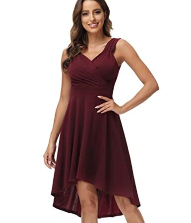 Vestido de Fiesta para Mujer A-línea Escote en V Tul sin Mangas Vino Tinto XL