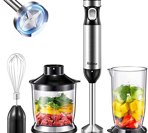 Yabano Batidora de Mano, 1000W Minipimer 4 en 1 Batidora Varillas, Inteligente Batidora Electrica con Turbo para Smoothie, 4 Cuchillos y Acero Inoxidable Cepillado de Material, Sin BPA