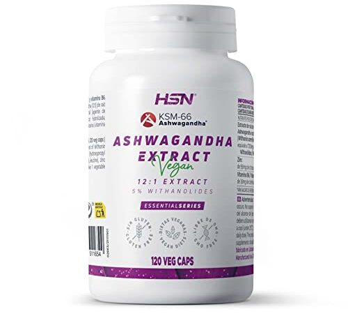 Ashwagandha KSM-66 de HSN | 120 Cápsulas | 600 mg Extracto 12:1 Raíz de Withania somnifera 30 mg Withanólidos por Dosis Diaria | Adaptógeno 100% Natural contra el Estrés | No-GMO, Vegano, Sin Gluten