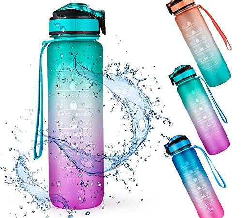 Botella de Agua Deportiva, Weinsamkeit 1000ML Botella Agua Tritan sin BPA con Marcador de Tiempo Motivacional, 1 Litro Water Bottle para Gimnasio, Entrenamiento, Viajes, Oficina, Escuela (Green)