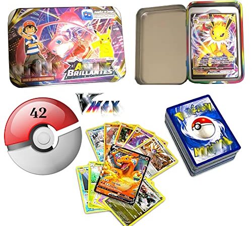 Cartas Poke en Español y con Caja Metálica De La Nueva Temporada Astros Brillantes Incluye 42 Cartas Coleccionables VMAX y V Juego de Cromos De Alta Potencia y Calidad