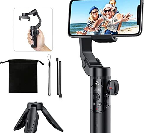 Estabilizador de Movil, 3-Ejes Gimbal Móvil Smartphone, Gimbal Stabilizer Ligero para iPhone Android etc, Rotación de 340°, 5 Mode, App Contrôle, Trípode