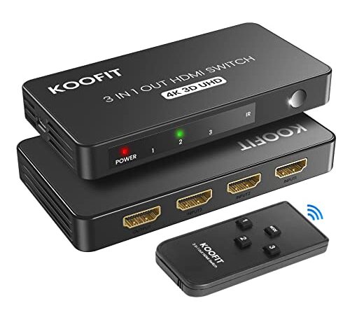 HDMI Switch, KOOFIT 4K@60Hz Ladron HDMI 3 Entradas 1 Salida, Conmutador HDMI con Mando Soporta 3D, 4K y UHD, Switch HDMI Splitter para PS5, PS4, PS3, Xbox, BLU-Ray, Roku, DVD, DVR, PC, TV, Proyector