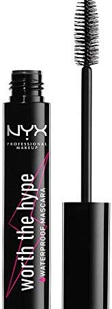 NYX Professional Makeup Máscara de pestañas Worth the Hype Waterproof Mascara, Volumen y longitud, Cepillo de punta cónica llega a todas las pestañas, Aceite de jojoba, Tono: Negro