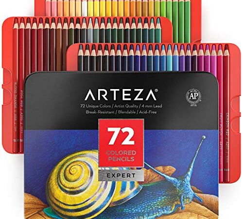 ARTEZA Lápices de colores profesionales para adultos y niños, Juego de 72, Estuche portátil de latón, minas resistentes a las roturas, Lápices para colorear, dibujar y sombrear