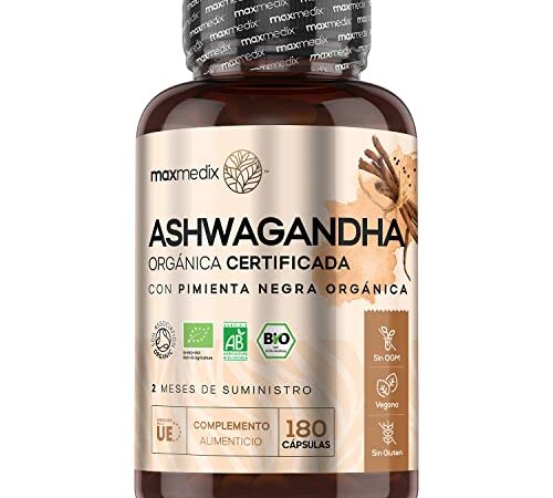 Ashwagandha Orgánica 1815mg 180 Cápsulas Vegano - Suministro para 2 Meses de Ashwagandha India de Alta Dosis Con Pimienta Negra, Suplemento Ayurveda de Withania Somnifera de Alta Absorción