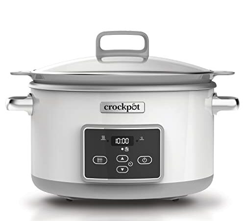 Crock-Pot Duraceramic | Olla de cocción lenta digital | Recipiente Compatible con Fuego e inducción | 5 L | Acero Inoxidable, Blanco [CSC026X]