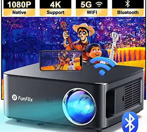 Proyector Portatil FunFlix Full HD 5G WiFi Bluetooth,Mini Proyector Natif 1080P Home Video Proyector,15000 Lúmenes,4P Keystone Correction,-50% Zoom,compatible con iOS / Android / TV Stick / HDMI / USB