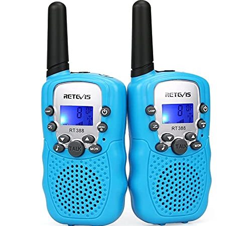 Retevis RT388 Walkie Talkie Niños,Juguetes de Largo Alcance de 3 a 12 Años,Linterna LCD de 8 Canales, Regalos para Camping, Aventura, Senderismo (1 par, Azul)