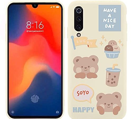 Yoedge Funda de Silicone para Xiaomi Mi CC9e / Mi A3 (6,01"), Mate Blanco Silicona TPU Dibujos Animados Carcasa, Suave Antigolpes Bumper Protectora Case para Xiaomi CC9e - Oso 1