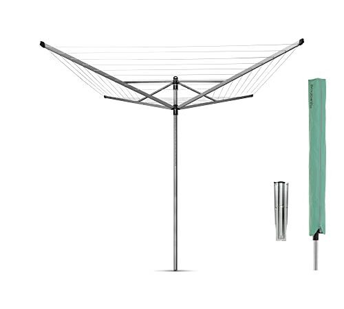 Brabantia - Tendedero Rotary Lift-O-Matic - con Soporte para jardín - Ajustarlo fácilmente a tu altura - Cuerdas resisitentes a los rayos UV - Antideslizantes - Metallic Grey - 60m