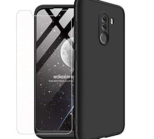 Funda Xioami Pocophone F1 360 Grados Carcasas+Cristal Templado 3 in 1 PC Hard Slim Fit Mate Anti-Shock Anti-Rasguño Protectora Cubierta-Negro