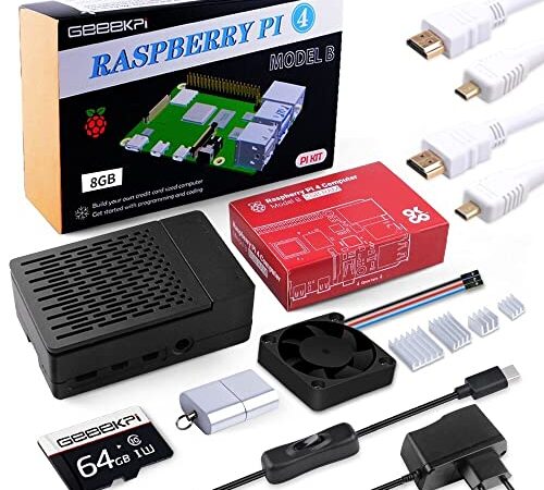 GeeekPi Raspberry Pi 4 8GB Complete Starter Kit (8GB RAM + 64GB SD Card),Raspberry Pi 4 ABS Case with PWM Fan, Raspberry Pi 5V 3A Power Supply with ON/Off Switch, 2pcs HDMI Cables for Raspberry Pi 4B