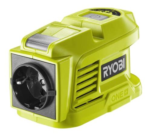 RYOBI - Transformador 18V - Potencia Continua 150 W - Potencia Máxima 300 W - 1 Puerto de Alimentación UE - 2 Puertos USB-A (2,4 A - 5V) - Luz LED - Se Vende sin Batería ni Cargador - RY18BI150A-0
