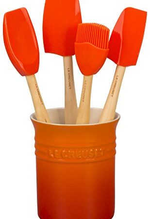 Le Creuset Bote para utensilios clásico 1.1 L, Set de 4 espátulas Craft, Caja de regalo, Naranja Volcánico