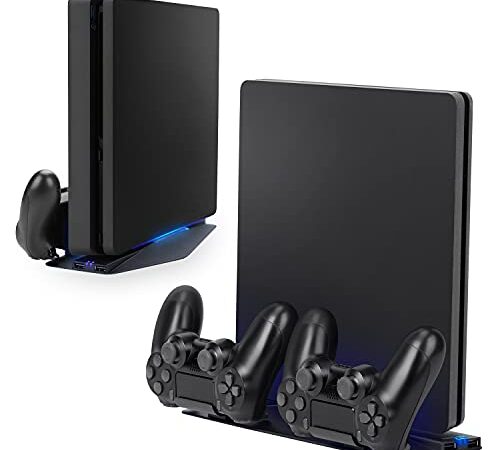 NiTHO Multistand Pro Vertical Stand, Estación de Acoplamiento Compatible con PS4 Pro/PS4 Slim, Soporte para Consola Playstation 4 con Luz Ambiental Azul, 2 Puertos de Carga para 2 Mando de PS4