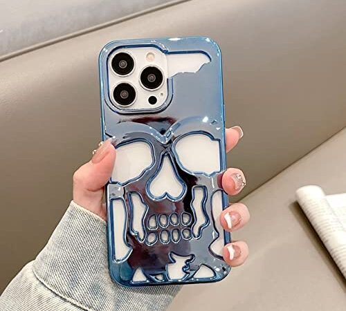 BAUBUY Chapado en Pintura metálica Ahueca hacia Fuera la Caja del teléfono del cráneo Fresco para iPhone 11 13 12 14 Pro MAX Plus Tallado contraportada, Azul, para iPhone 12Pro MAX