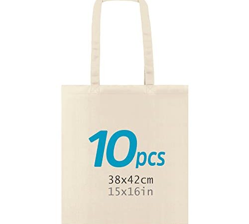 Bolsa Tote Bag, Pack de 10 Bolsas de Algodón Multiusos con asas largas, Bolsa Fuerte, Lavable reutilizable, ideal para bolsa Compra, para Ropa, Colegio, Alimentos, Verduras, Manualidades, Pintar