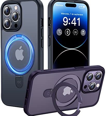 CASEKOO [Todo-en-1] Matt Magic Stand para Funda iPhone 14 Pro MAX [con Magsafe y Soporte] [10FT SGS Protección Militar] Carcasa Antigolpes Antihuellas Case Fina Antideslizante - Negro Espacial