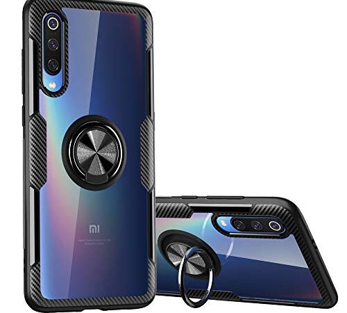 SORAKA Funda Transparente para Xiaomi Mi 9 con Anillo,Funda Transparente Duro de la PC+Parachoques de Silicona,con Placa de Metal para Soporte Móvil Coche Magnético