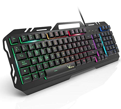 Teclado Gaming, WisFox Teclado RGB Rainbow Retroiluminado con Cable, Panel metálico Resistente con Diseño Resistente a Salpicadura, Layout Español Teclado para Computer/Laptop/Xbox One