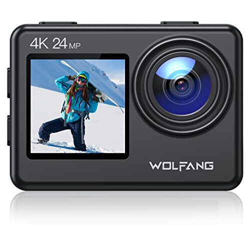 WOLFANG Cámara Deportiva GA200 4K 24MP Doble Pantalla WiFi Cámara de Video, Cámara Acuática Sumergible de 40M, 170° Gran Angular, Control Remoto EIS Mejorado, 2 Baterías, Cargador, Multi Accesorios