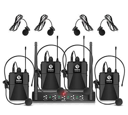 Debra Audio Pro UHF 4-Channel Wireless Microphone System with Lavalier Handheld Headworn Microphone, Ideal for Karaoke Parties (con 4 Bodypack (B))