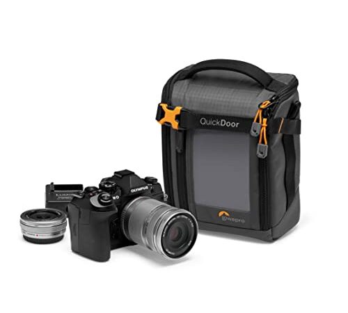 Lowepro GearUp Creator Box Medium II, Mochila Fotográfica, Cámaras Mirrorless y DSLR, Acceso Rápido, Hecha de Tela Reciclada, Separadores Interiores Acolchados de Color Naranja, Gris