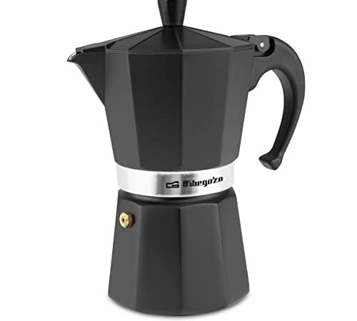 Orbegozo KFN 610 - Cafetera italiana de aluminio, 6 tazas de capacidad, mango ergonómico, válvula de seguridad, filtro desmontable, Color Negro