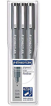 Staedtler 308 WP3 SP, Rotuladores Fineliner Pigment Liner, Estuche con 3 unidades, multicolor