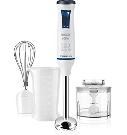 Taurus Robot 600 Plus Inox - Batidora de mano, 600 W, cuchillas de inox, 20 velocidades, pie desmontable, fácil limpieza, diseño anti salpicaduras, set completo de accesorios, Color Blanco/Azul