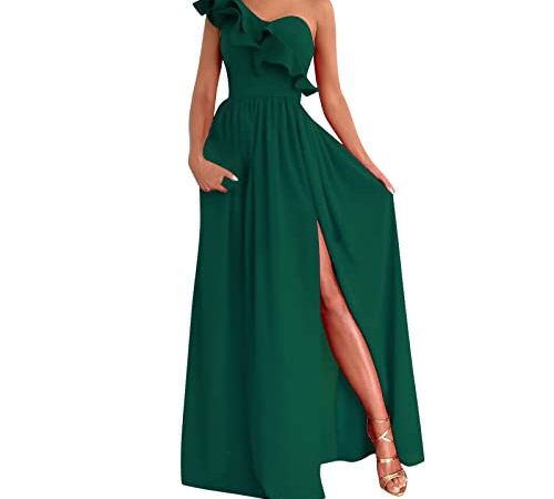 2023 Vestidos Largo Mujer Moda Color sólido Fiesta Vestido de Noche un Hombro Volante Elegante Vestidos de Cóctel sin Manga Extra Larga Casual Vestido Partido Novia Boda Vestir