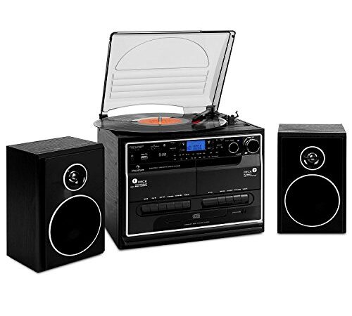 Auna 388-BT - Cadena estéreo con Tocadiscos, Tracción por Correa, Equipo de música, Bluetooth, 2 Altavoces, Radio, Reproductor CD MP3, Casete, USB, SD, Digitalizador, Mando a Distancia