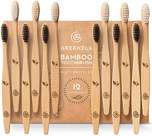 Greenzla Cepillos de Dientes de Bambú (Kit de 12) | Cepillos de dientes de cerdas suaves sin BPA | Juego de cepillos de dientes de bambú natural y ecológico | Biodegradables y compostables