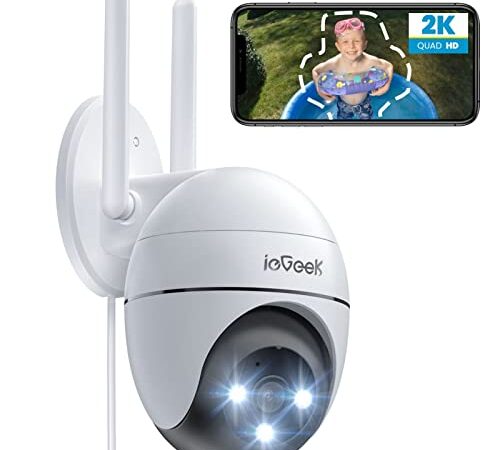 ieGeek 2K Camara Vigilancia WiFi Exterior con Eléctrico, Detección de Movimiento Humano, Seguimiento Automático, Visión Nocturna Color, Alarma de Luz y Sonido, Grabación Continua, Compatible CloudEdge