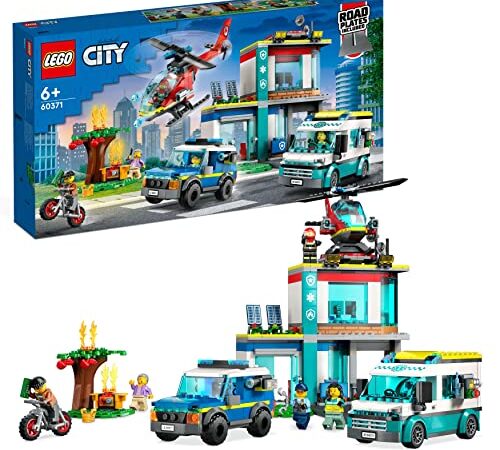 LEGO 60371 City Central de Vehículos de Emergencia, Set con Helicóptero, Ambulancia, Moto y Coche de Juguete para Niños de 6 Años o Más