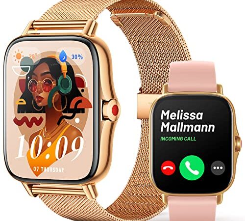 Smartwatch Mujer Reloj Inteligente Mujer con Llamada y Whatsapp, 1.69" HD Reloj Mujer para Android iPhone con Seguimiento Menstrual, Presión Arterial, Ritmo Cardíaco, SpO2 y 8 Modos Deporte, Oro Rosa