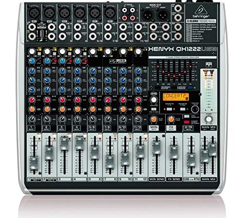 Mezclador Behringer XENYX QX1222USB Premium de 16 entradas y 2/2 buses con preamplificadores de micrófono y compresores XENYX, procesador Klark Teknik Multi-FX, opción inalámbrica e interfaz USB/audio